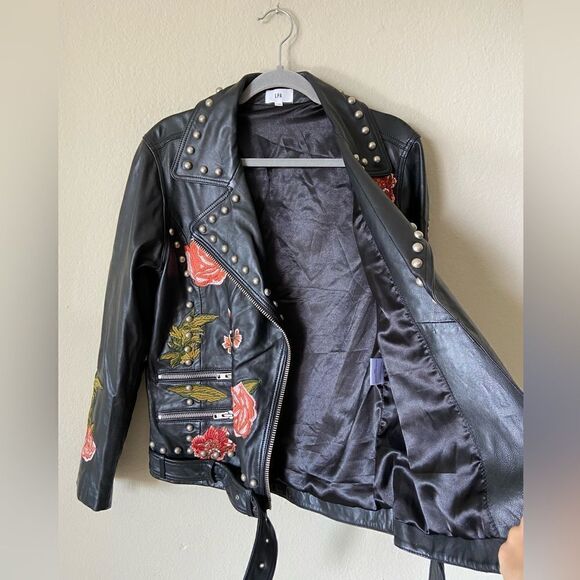 Lpa Leather Black Jacket Floral Embroidered 58 Roses Size XS - Picture 13 of 17